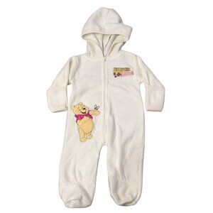 VTG Disney Winnie The Pooh Baby Romper 0-3M White Hooded Fleece Sleeper Cozy